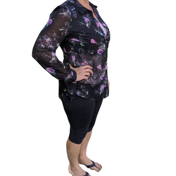 Lauren Conrad Long Button Up Blouse Floral Print on Black - Large - Picture 4 of 11